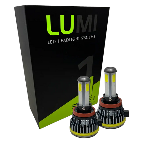Two LUMI Stage 1 H11 LED Headlight Bulbs by Lumi, each delivering 40 watts of power with a sharp 6000K color temperature and advanced LED CANBUS compatibility, are displayed in front of a black and green box labeled “LUMI LED Headlight Systems.”.