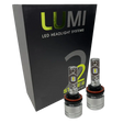 Two metallic Lumi Stage 2 H11 LED Headlight Bulbs, equipped with advanced CSP chips and delivering a crisp 6000K color temperature, are displayed in front of a black Lumi LED Headlight Systems box featuring “Stage II” and “2” branding.