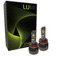 Two LUMI Stage 3 H11 LED headlight bulbs from Lumi, featuring advanced CSP chips, are displayed in front of a black box with green wavy lines and the words “STACK” and “Premium LED Headlights” on the packaging, emphasizing their impressive 6000K brightness for superior visibility.