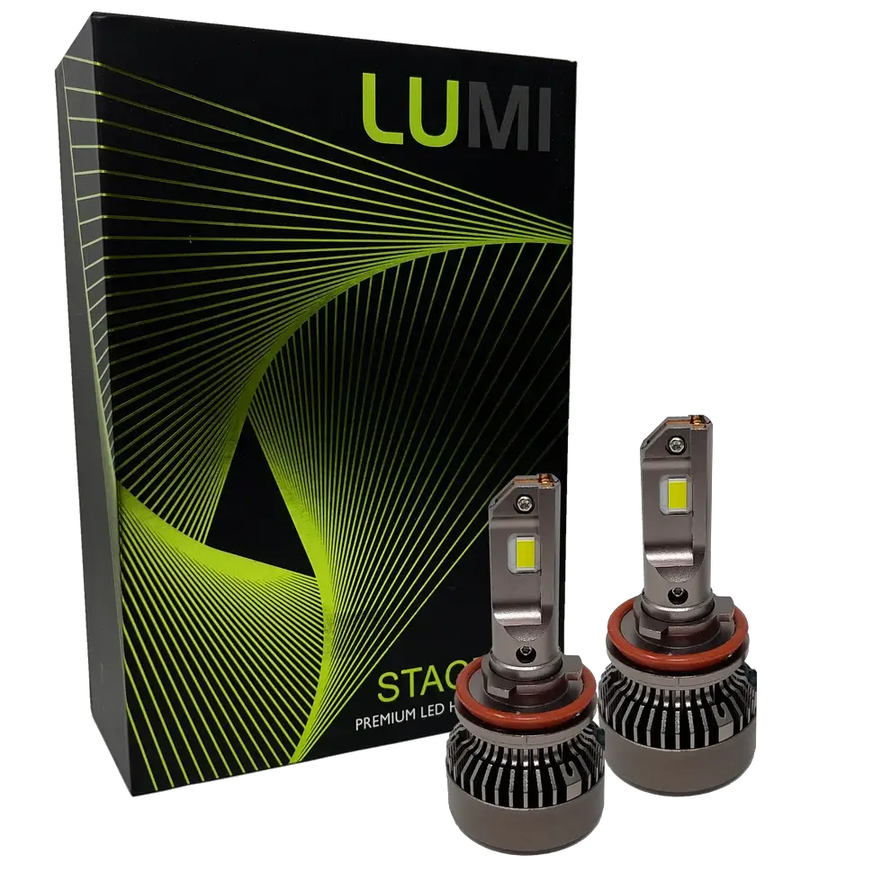 Two LUMI Stage 3 H11 LED headlight bulbs from Lumi, featuring advanced CSP chips, are displayed in front of a black box with green wavy lines and the words “STACK” and “Premium LED Headlights” on the packaging, emphasizing their impressive 6000K brightness for superior visibility.