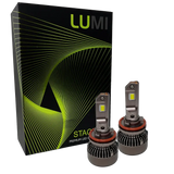 Two LUMI Stage 3 H11 LED headlight bulbs from Lumi, featuring advanced CSP chips, are displayed in front of a black box with green wavy lines and the words “STACK” and “Premium LED Headlights” on the packaging, emphasizing their impressive 6000K brightness for superior visibility.