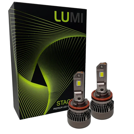 Two LUMI Stage 3 H11 LED headlight bulbs from Lumi, featuring advanced CSP chips, are displayed in front of a black box with green wavy lines and the words “STACK” and “Premium LED Headlights” on the packaging, emphasizing their impressive 6000K brightness for superior visibility.