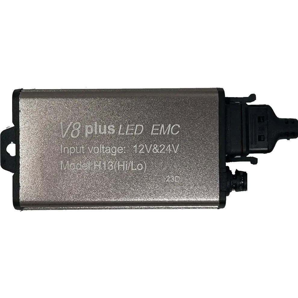 Rectangular metallic device labeled LUMI Stage 3 H4 LED Headlight Bulbs by Lumi, displaying input voltage options of 12V & 24V, Model H13 (Hi/Lo), featuring two black connectors on the right side—designed for LED headlights with advanced CSP chips and a crisp 6000K color temperature.