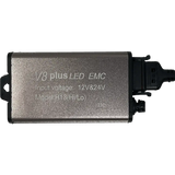 Rectangular metallic device labeled LUMI Stage 3 H4 LED Headlight Bulbs by Lumi, displaying input voltage options of 12V & 24V, Model H13 (Hi/Lo), featuring two black connectors on the right side—designed for LED headlights with advanced CSP chips and a crisp 6000K color temperature.