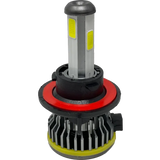 The Lumi LUMI Stage 1 H13 LED Headlight Bulb features a cylindrical design with metal cooling fins at the base, yellow light panels along the sides, and a distinctive red ring near the center. It comes equipped with a black electrical connector and utilizes CANBUS technology. This 40 Watt bulb emits a crisp 6000K light for enhanced visibility.