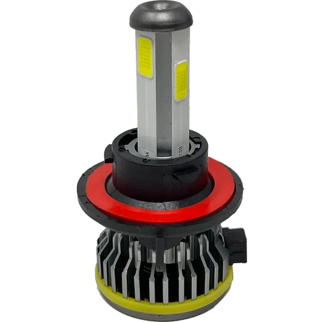 The Lumi LUMI Stage 1 H13 LED Headlight Bulb features a cylindrical design with metal cooling fins at the base, yellow light panels along the sides, and a distinctive red ring near the center. It comes equipped with a black electrical connector and utilizes CANBUS technology. This 40 Watt bulb emits a crisp 6000K light for enhanced visibility.