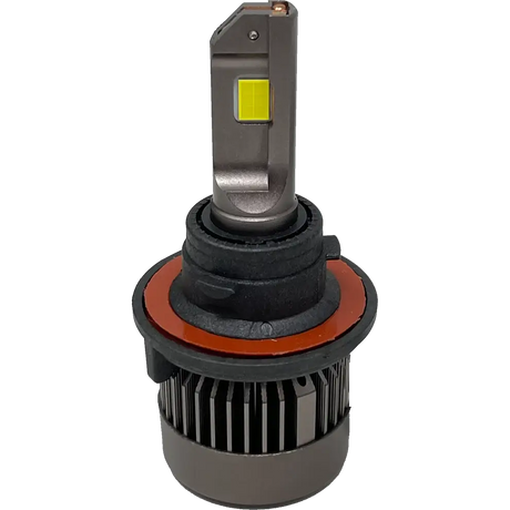 The Lumi Stage 3 H13 LED Headlight Bulbs by Lumi feature a gray metal body, a rectangular CSP chip that produces crisp 6000K white light, black heat sink fins, and an orange rubber gasket, shown against a plain white background.