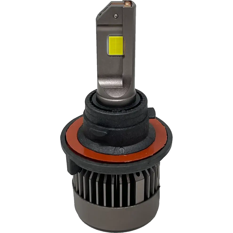 A close-up of the Lumi LUMI Stage 3 H4 LED Headlight Bulb showcasing advanced CSP chips, highlighted by a durable metal casing and heat sink fins at the base, with a prominent yellow LED chip on the top section, all set against a white background.