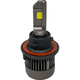 A close-up of the Lumi LUMI Stage 3 H4 LED Headlight Bulb showcasing advanced CSP chips, highlighted by a durable metal casing and heat sink fins at the base, with a prominent yellow LED chip on the top section, all set against a white background.