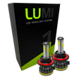 Two LUMI Stage 1 H13 LED headlight bulbs from Lumi, each rated at 40 Watts and featuring red and black heat sinks, are displayed in front of a black and green box labeled “LUMI LED Headlight Systems.” These bulbs offer a bright 6000K color temperature and include advanced LED CANBUS technology for enhanced compatibility.