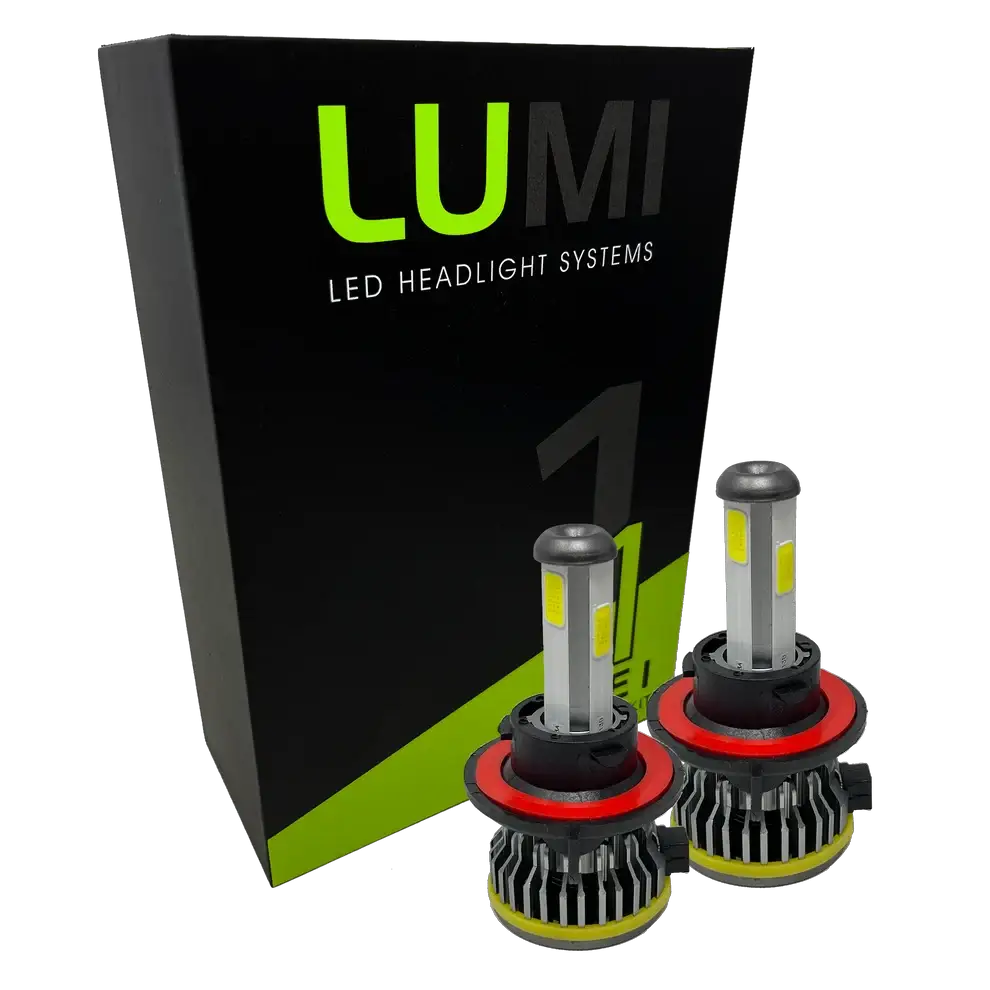 Two LUMI Stage 1 H13 LED headlight bulbs from Lumi, each rated at 40 Watts and featuring red and black heat sinks, are displayed in front of a black and green box labeled “LUMI LED Headlight Systems.” These bulbs offer a bright 6000K color temperature and include advanced LED CANBUS technology for enhanced compatibility.