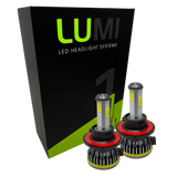 Two LUMI Stage 1 H13 LED headlight bulbs from Lumi, each rated at 40 Watts and featuring red and black heat sinks, are displayed in front of a black and green box labeled “LUMI LED Headlight Systems.” These bulbs offer a bright 6000K color temperature and include advanced LED CANBUS technology for enhanced compatibility.