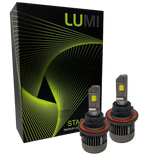 Two LUMI Stage 3 H4 LED Headlight Bulbs by Lumi, featuring metallic bases with cooling fins and visible yellow CSP chips on their flat tops, are positioned in front of a black Lumi box adorned with green and yellow geometric lines.
