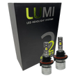 Two LUMI Stage 2 H13 LED Headlight Bulbs by Lumi, featuring advanced CSP chips, are displayed in front of a black box labeled “LUMI LED Headlight Systems 2 Stage II Series Kit.”.