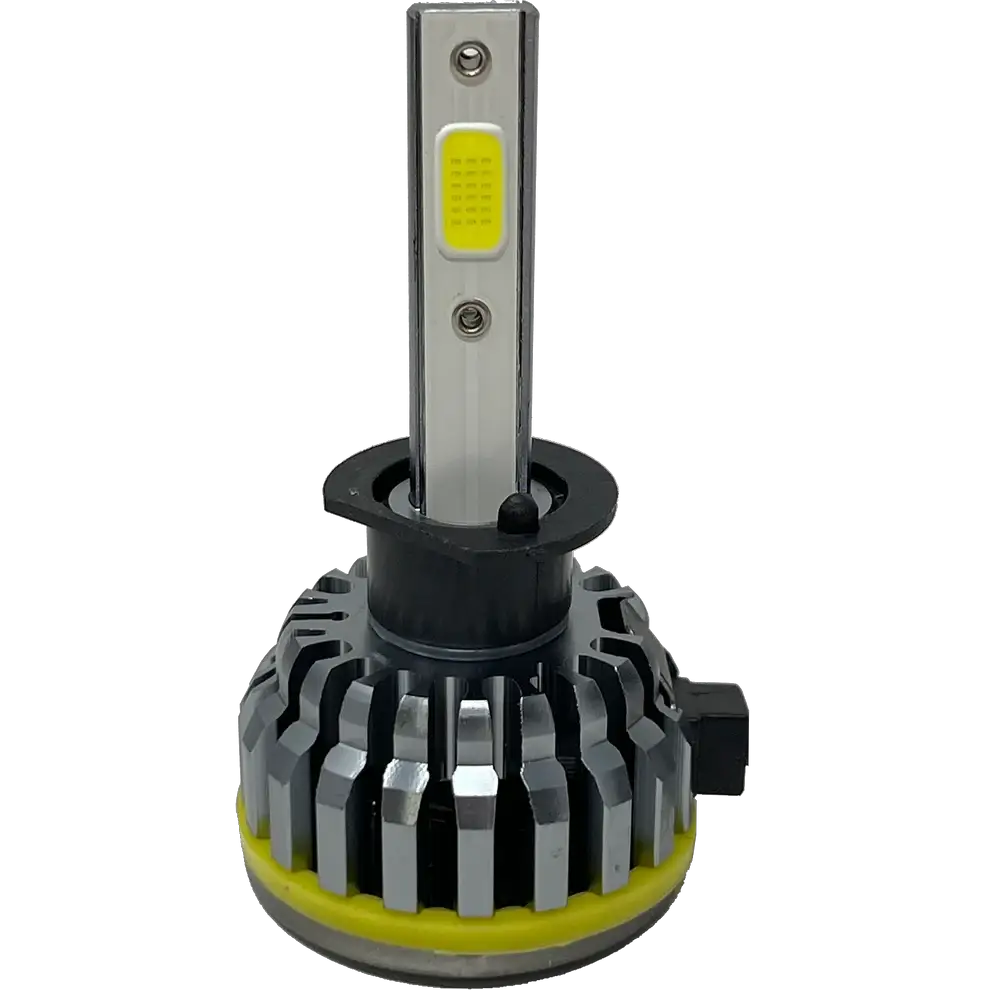 A close-up of a single Lumi LUMI Stage 1 H1 LED headlight bulb featuring a silver heat sink and a yellow LED chip on a metallic stem, set against a plain white background.