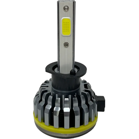 A close-up of a single Lumi LUMI Stage 1 H1 LED headlight bulb featuring a silver heat sink and a yellow LED chip on a metallic stem, set against a plain white background.