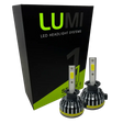 Two LUMI Stage 1 H1 LED Headlight Bulbs are displayed in front of a black and green Lumi box labeled “Stage 1 LED Headlight Kit,” featuring a powerful 40-watt output and a crisp 6000K color temperature for superior visibility.