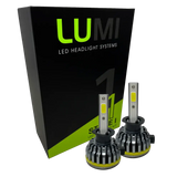 Two LUMI Stage 1 H1 LED Headlight Bulbs are displayed in front of a black and green Lumi box labeled “Stage 1 LED Headlight Kit,” featuring a powerful 40-watt output and a crisp 6000K color temperature for superior visibility.