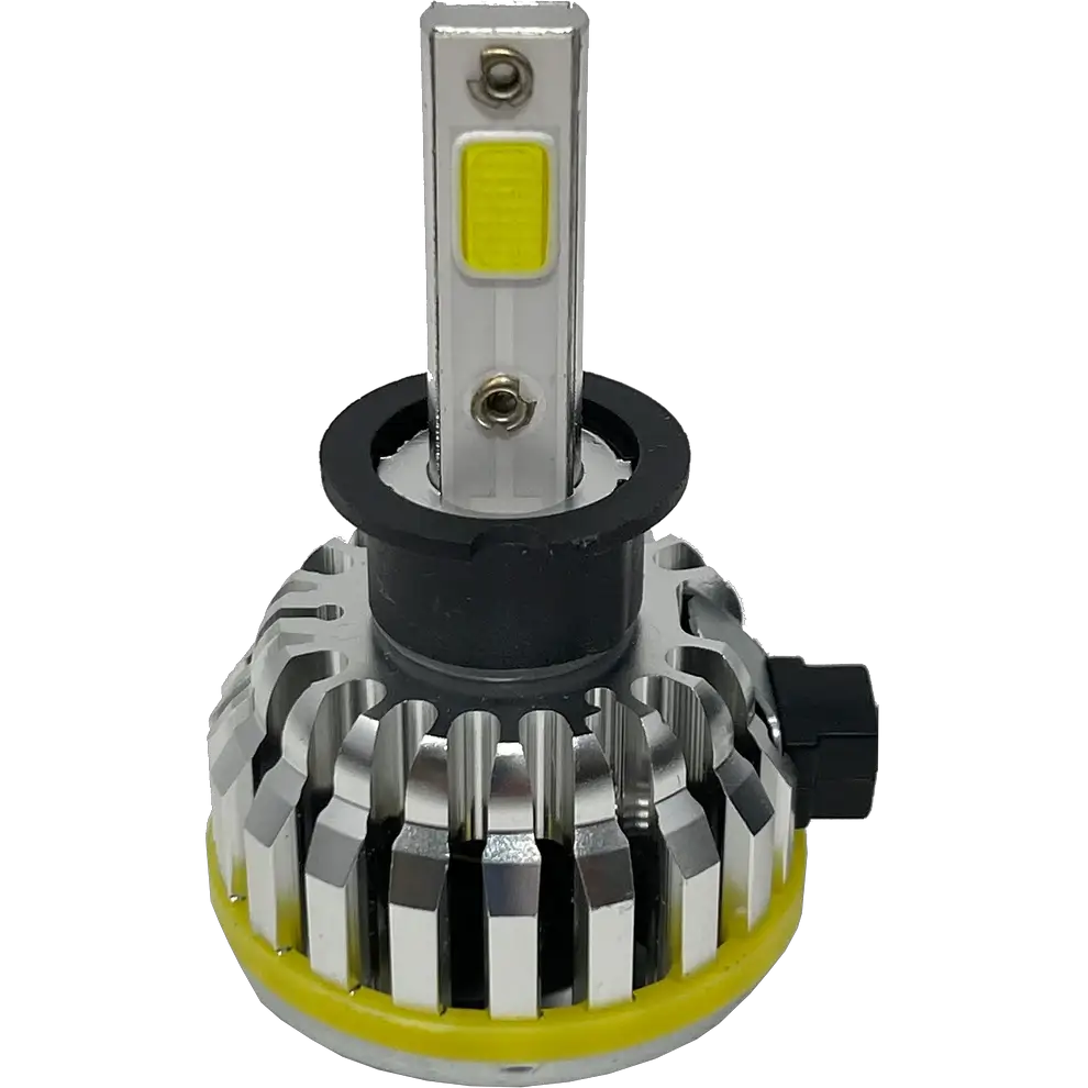 A close-up of a Lumi LUMI Stage 1 H3 LED Headlight Bulb (40 Watt, silver) featuring a black and yellow base, heat sink fins, and an LED CANBUS connector on the side, isolated on a white background.