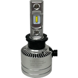 A LUMI Stage 2 H3 LED headlight bulb by Lumi, featuring a silver finish, 6000K color temperature, a cylindrical base with a black ring, and two yellow CSP chips mounted on a vertical metal strip, photographed against a plain white background.