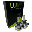 Two LUMI Stage 1 H3 LED headlight bulbs with metallic heatsinks are positioned in front of a black and green Lumi LED Headlight Systems box on a white background, showcasing advanced LED CANBUS compatibility and an impressive 40-watt power output.