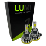Two LUMI Stage 1 H3 LED headlight bulbs with metallic heatsinks are positioned in front of a black and green Lumi LED Headlight Systems box on a white background, showcasing advanced LED CANBUS compatibility and an impressive 40-watt power output.