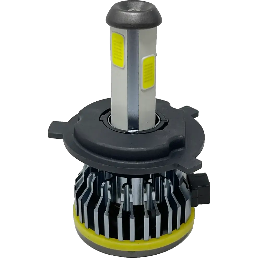 Introducing the LUMI Stage 1 H4 LED Headlight Bulbs by Lumi—these bulbs showcase a sleek cylindrical design with yellow accents, a gray heat sink, and a black circular base equipped with installation tabs. Delivering 40 Watts of CANBUS-compatible power, they emit a brilliant 6000K white light for superior visibility.