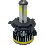 Introducing the LUMI Stage 1 H4 LED Headlight Bulbs by Lumi—these bulbs showcase a sleek cylindrical design with yellow accents, a gray heat sink, and a black circular base equipped with installation tabs. Delivering 40 Watts of CANBUS-compatible power, they emit a brilliant 6000K white light for superior visibility.