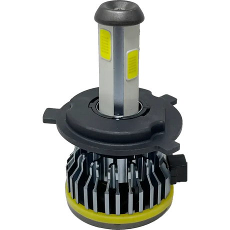 Introducing the LUMI Stage 1 H4 LED Headlight Bulbs by Lumi—these bulbs showcase a sleek cylindrical design with yellow accents, a gray heat sink, and a black circular base equipped with installation tabs. Delivering 40 Watts of CANBUS-compatible power, they emit a brilliant 6000K white light for superior visibility.