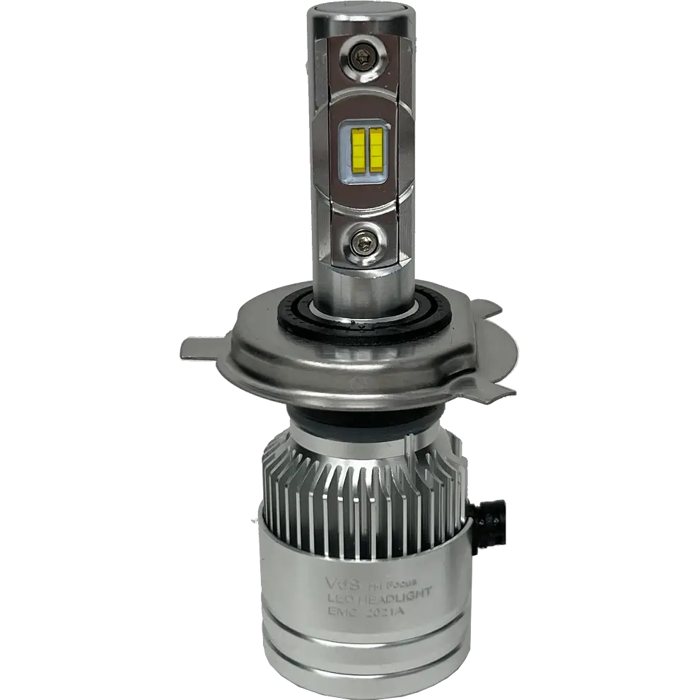 A close-up of a Lumi LUMI Stage 2 H4 LED Headlight Bulb with 6000K CSP chips, featuring a heat sink and cooling fan at the base, photographed against a plain white background.