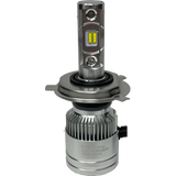 A close-up of a Lumi LUMI Stage 2 H4 LED Headlight Bulb with 6000K CSP chips, featuring a heat sink and cooling fan at the base, photographed against a plain white background.