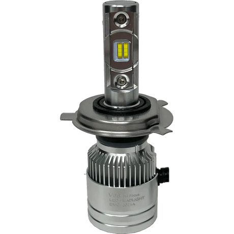 A close-up of a Lumi LUMI Stage 2 H4 LED Headlight Bulb with 6000K CSP chips, featuring a heat sink and cooling fan at the base, photographed against a plain white background.