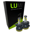 Two Lumi Stage 1 H4 LED Headlight Bulbs are displayed in front of a black and green LUMI LED Headlight Systems box on a plain white background, highlighting their 40-watt power, 6000K color temperature, and advanced LED CANBUS compatibility.