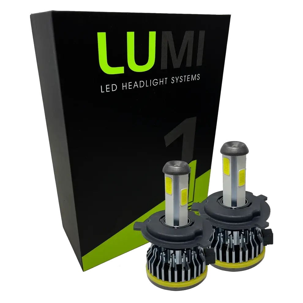 Two Lumi Stage 1 H4 LED Headlight Bulbs are displayed in front of a black and green LUMI LED Headlight Systems box on a plain white background, highlighting their 40-watt power, 6000K color temperature, and advanced LED CANBUS compatibility.