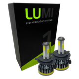 Two Lumi Stage 1 H4 LED Headlight Bulbs are displayed in front of a black and green LUMI LED Headlight Systems box on a plain white background, highlighting their 40-watt power, 6000K color temperature, and advanced LED CANBUS compatibility.