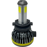 A close-up of a single Lumi LUMI Stage 1 H7 LED headlight bulb, featuring a metal base, yellow accents, and cooling fins, with 6800LM brightness and a 6000K color temperature, isolated on a white background.
