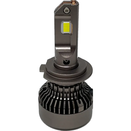 A single LUMI Stage 3 H7 LED headlight bulb by Lumi, equipped with a metallic base and a yellow CSP chip, is shown against a white background. This bulb features a finned heat sink for effective cooling and delivers bright 6000K illumination along with efficient thermal management for enhanced visibility.