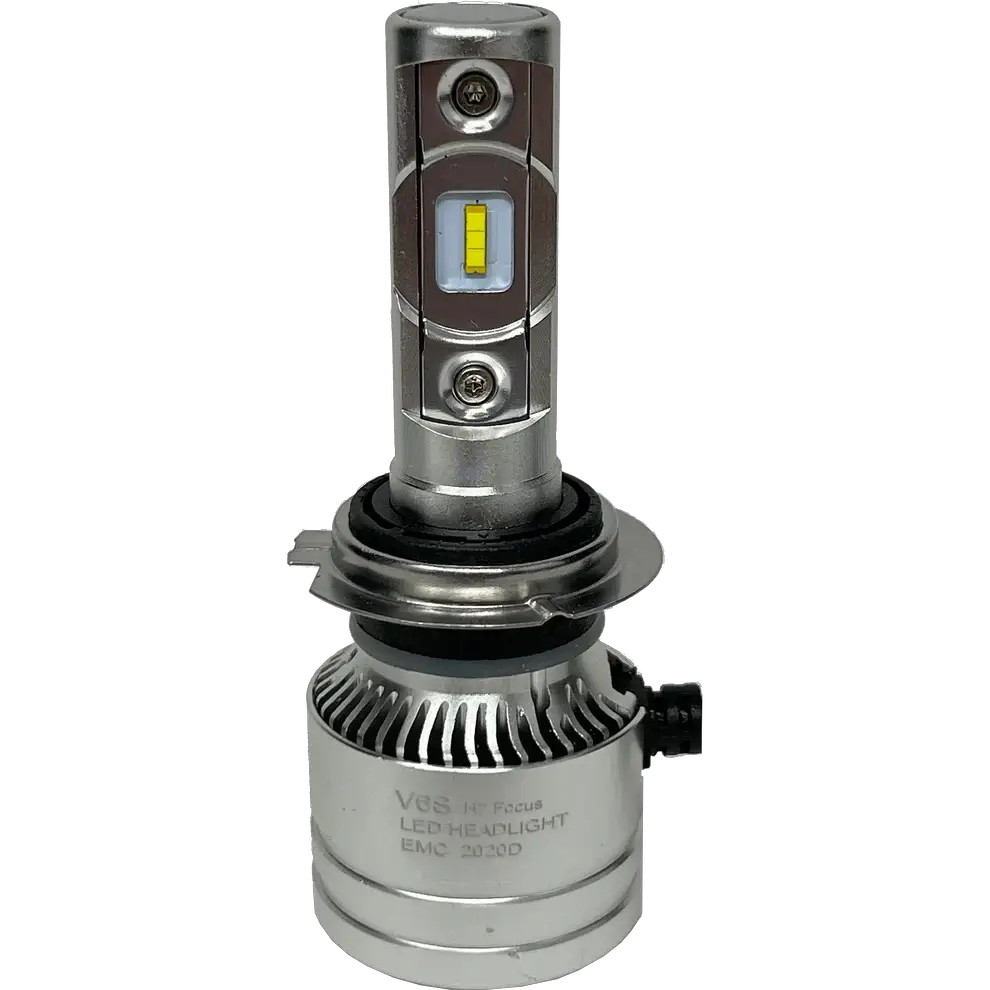 The Lumi LUMI Stage 2 H7 LED Headlight Bulb features high-performance CSP chips and a rectangular yellow diode, housed in a durable silver metal casing with cooling fins and engraved text on the lower section, shown standing upright against a plain white background.