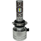 The Lumi LUMI Stage 2 H7 LED Headlight Bulb features high-performance CSP chips and a rectangular yellow diode, housed in a durable silver metal casing with cooling fins and engraved text on the lower section, shown standing upright against a plain white background.