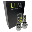 Two LUMI Stage 2 H7 LED Headlight Bulbs from Lumi, featuring advanced CSP chips, are displayed in front of a black box labeled “LUMI LED Headlight Systems S2 Stage II Headlight Kit” on a white background, providing bright 6000K illumination for superior visibility.