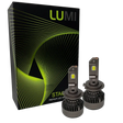 Two Lumi Stage 3 H7 LED headlight bulbs, equipped with advanced CSP chips and offering a bright 6000K color temperature, are displayed in front of a black box accented with green lines and the LUMI logo. The packaging also features the text “STACK” and “Premium LED Headlights.”.