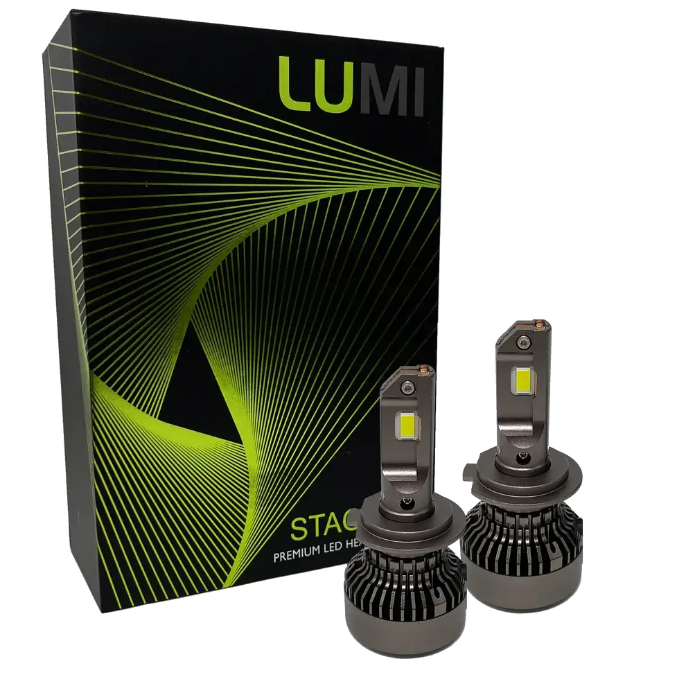 Two Lumi Stage 3 H7 LED headlight bulbs, equipped with advanced CSP chips and offering a bright 6000K color temperature, are displayed in front of a black box accented with green lines and the LUMI logo. The packaging also features the text “STACK” and “Premium LED Headlights.”.