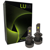 Two Lumi Stage 3 H7 LED headlight bulbs, equipped with advanced CSP chips and offering a bright 6000K color temperature, are displayed in front of a black box accented with green lines and the LUMI logo. The packaging also features the text “STACK” and “Premium LED Headlights.”.