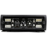 Close-up of the Diamond Audio MICRO88U 8-channel full range Class D amplifier panel in black, displaying its input, output, and configuration ports, as well as control knobs and switches for sensitivity, HPF, and LPF adjustments.