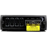 The rear panel of the Diamond Audio MICRO88U 8-Channel Full Range Class D Amplifier by Diamond Audio features multiple channel inputs and outputs, an 8-channel amplifier design, and a caution label advising installation of a fuse or fuse holder within 18 inches of the car battery on the power connection terminal.