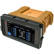 A black touchscreen device with buttons and sound settings is attached to a large, finned, gold-colored electronic component—this is the Diamond Audio 2014-2023 Plug N-Play Digital Media Receiver for Harley Davidson® Touring Motorcycles (MSHD14). Perfect for adding Apple CarPlay functionality or enhancing your Harley radio setup on the road.