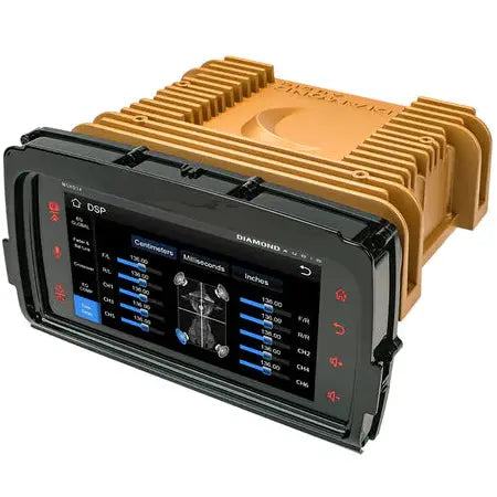 A black touchscreen device with buttons and sound settings is attached to a large, finned, gold-colored electronic component—this is the Diamond Audio 2014-2023 Plug N-Play Digital Media Receiver for Harley Davidson® Touring Motorcycles (MSHD14). Perfect for adding Apple CarPlay functionality or enhancing your Harley radio setup on the road.