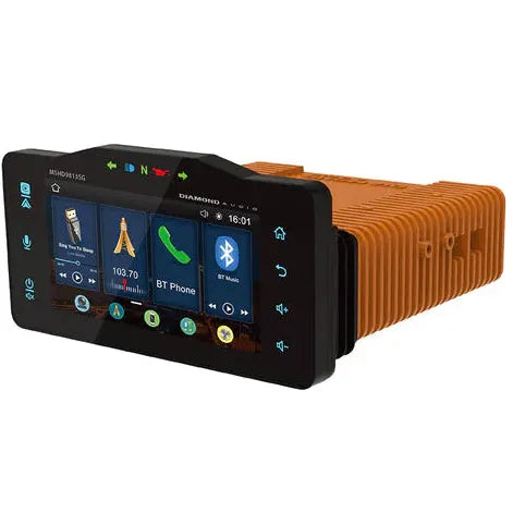 The Diamond Audio 1998-2013 Plug N-Play Digital Media Receiver for Harley Davidson® Street Glide (MSHD9813SG) is a touchscreen car stereo that features an orange heat sink and displays options for radio, navigation, Apple CarPlay, Bluetooth phone, and music on its screen.