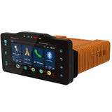 The Diamond Audio 1998-2013 Plug N-Play Digital Media Receiver for Harley Davidson® Street Glide (MSHD9813SG) is a touchscreen car stereo that features an orange heat sink and displays options for radio, navigation, Apple CarPlay, Bluetooth phone, and music on its screen.