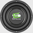 The Elite Sounds 10″ 1250 Watt Dual 4 Ohm Bagger Subwoofer features a round black design with a carbon fiber center that showcases a green E logo and the words “Elite Sounds” in white text. It is encased in a black circular mounting frame with bolt holes for easy installation.